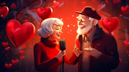 Wall Mural - Digital of a senior couple at night having fun singing at a karaoke, the mature woman is coquettish, has lipstick, earrings, varnished nails and holds a red heart, made with