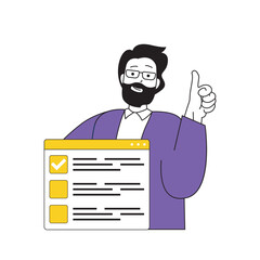 Fototapete - Online voting concept with cartoon people in flat design for web. Man takes part in election, choosing his candidates in vote form. Vector illustration for social media banner, marketing material.