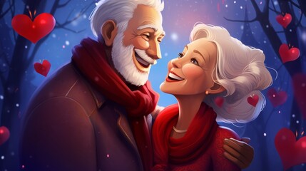 Wall Mural - Digital of a senior couple at night having fun singing at a karaoke, the mature woman is coquettish, has lipstick, earrings, varnished nails and holds a red heart, made with