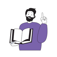 Aufkleber - Book reading concept with cartoon people in flat design for web. Man holds open textbook at library, learning and getting knowledge. Vector illustration for social media banner, marketing material.