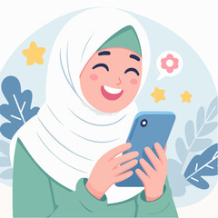 Wall Mural - Vector happy woman muslim look at smartphone cartoon illustration
