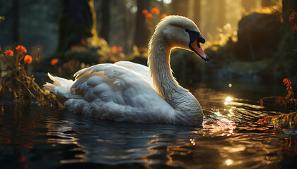 Sticker - The elegant swan gracefully swims in the tranquil pond generated by AI