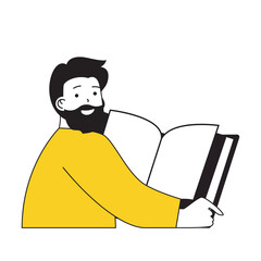 Aufkleber - Book reading concept with cartoon people in flat design for web. Man reads literary novels, researching textbooks or encyclopedia. Vector illustration for social media banner, marketing material.