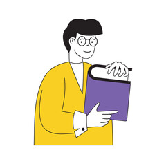 Aufkleber - Book reading concept with cartoon people in flat design for web. Man holding big dictionary or encyclopedia, learning with textbook. Vector illustration for social media banner, marketing material.