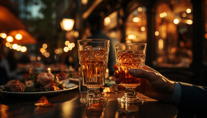 Poster - Nighttime celebration at a bar, men relax with drinks and fire generated by AI