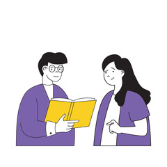 Aufkleber - Book reading concept with cartoon people in flat design for web. Man and woman discussing intellectual novel at literature club. Vector illustration for social media banner, marketing material.