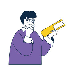 Aufkleber - Book reading concept with cartoon people in flat design for web. Man reads intellectual novel and thinking about new information. Vector illustration for social media banner, marketing material.