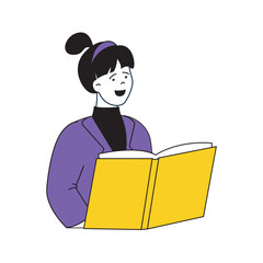 Aufkleber - Book reading concept with cartoon people in flat design for web. Woman learning with textbook, searching information at encyclopedia. Vector illustration for social media banner, marketing material.