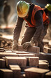 Bricklayer industrial worker installing brick masonry