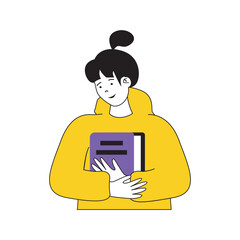 Aufkleber - Book reading concept with cartoon people in flat design for web. Woman is bookworm and hugging her favourite novel or fairytale text. Vector illustration for social media banner, marketing material.