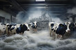 Cows in a surreal industrial milking facility with a milk flood, evoking a fantasy or conceptual art piece about dairy production. Could be used for creative or critical food industry commentary.