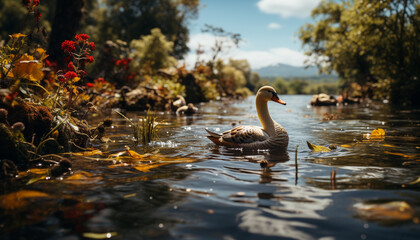 Poster - The swan elegance reflects in the tranquil pond beauty generated by AI