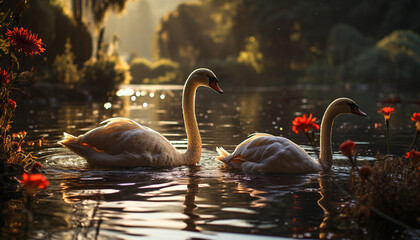 Poster - Swan glides on water, reflecting elegance and natural beauty generated by AI