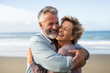 Happy retired couple hugging on beach