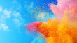 Clouds of colorful powder against bright blue sky, symbolizing joy and celebration. Indian Festival of Colors Holi