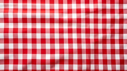 Wall Mural - Red and white checkered tablecloth. Top view table cloth texture background. Red gingham pattern fabric. Picnic blanket texture. Red table cloth for Italian food menu. Square pattern.
