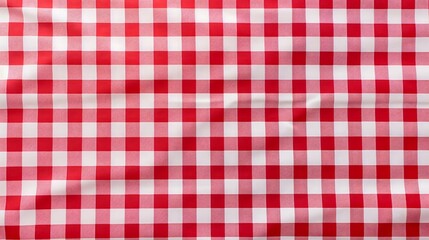 Wall Mural - Red and white checkered tablecloth. Top view table cloth texture background. Red gingham pattern fabric. Picnic blanket texture. Red table cloth for Italian food menu. Square pattern.
