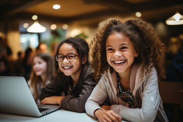 Sticker - Two happy school girls with curly hair sitting at a table and looking at a laptop