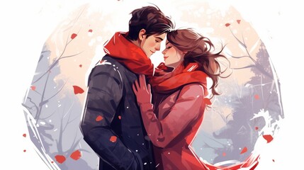 Wall Mural - Couple in love hugs in winter under one blanket, raster stock for design and decor, girl and guy together. Love story.. valentine love woman and man winter png like style