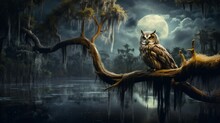 Barred Owl Perched On A Twisted Tree Branch In The Heart Of A Moonlit Swamp.
