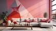 Scandinavian living room interior with pink and red geometric shapes