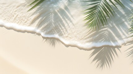 top view of water surface with tropical leaf shadow. Shadow of palm leaves on white sand beach. Beautiful abstract background concept banner for summer vacation at the beach.
