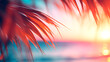 © KEA - Summer vacation  defocused background blurred sunset over the ocean and palm leaves frame banner