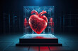 Red 3D human heart in a glass cube on a podium. Generated by artificial intelligence