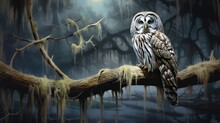 Barred Owl Perched On A Twisted Tree Branch In The Heart Of A Moonlit Swamp.