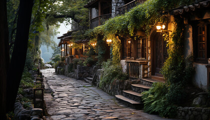 Sticker - Ancient stone staircase illuminated by lanterns in Asturias at night generated by AI