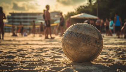 Canvas Print - Men playing volleyball on the sandy beach under the summer sunset generated by AI