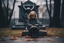Illustration Of A Child With Wings Near A Gravestone In A Cemetery Near A Monument. Concept: Grief From The Loss Of A Loved One
