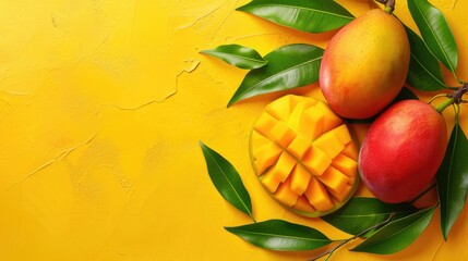 Wall Mural - Fresh juicy mango with leaves and water drops. Healthy exotic fruits background with free place for text