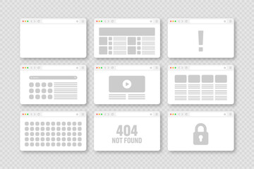 Fototapete - Web browser window, pages layout with toolbar and search field. Modern website, internet page in flat style. Browser mockup for computer, tablet and smartphone. Adaptive UI. Vector illustration