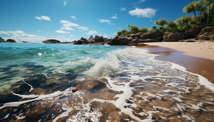 Wall Mural - Nature beauty in a tranquil seascape water, sand, wave, sunset generated by AI