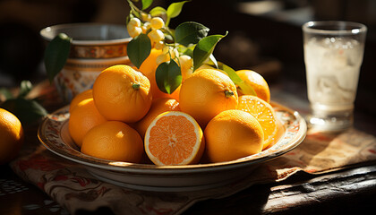 Poster - Fresh citrus fruit on a wooden table, nature healthy refreshment generated by AI