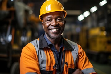 Wall Mural - Portrait of a smiling African American man wearing a hard hat in a factory