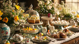 Fototapeta  - A beautifully set Easter table featuring flowers, scrumptious cakes, and an array of intricately d