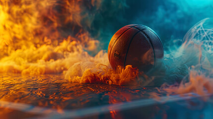 Wall Mural - A basketball's trajectory is highlighted against a colorful, smoky background, adding an element o