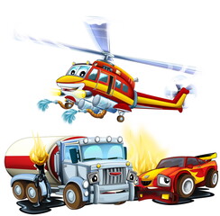 cartoon scene with two cars crashing in accident sports car and construction site cistern with flying fireman helicopter isolated illustration for children