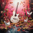 Harmony in Nature: A Serenading Symphony of Pink Guitars amidst Rustic Fall Leaves