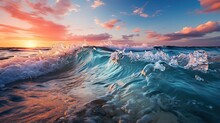 Captivating Azure Wave Crashing Against Sandy Shore At Sunset