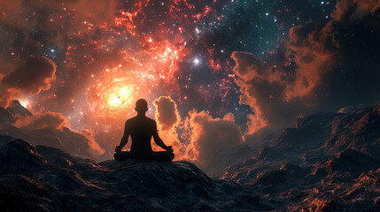 Wall Mural - In the cosmic vastness, a silhouette engages in meditation amidst a backdrop of stars and cosmic d