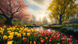Nature's celebration comes to life in a panoramic view of a park adorned with an array of spring f