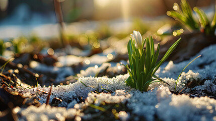 Wall Mural - Nature's announcement unfolds as a young green shoot pierces through the frozen ground, marking th