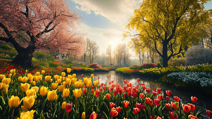 Wall Mural - Nature's celebration comes to life in a panoramic view of a park adorned with an array of spring f