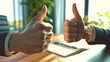 Partnerships are affirmed as business associates use the thumbsup gesture to express agreement in