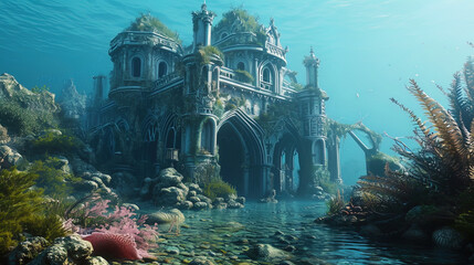 Poster - Submerged beneath the ocean's surface, a castle with ornate arches crafted from shells captivates