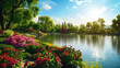 The panoramic scene unfolds like a botanical masterpiece, with the park's landscape adorned by a p