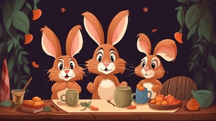 Wall Mural - Hand drawn illustration of hares and bunnies with long ears at the table. Concept: children's animal characters and Easter holidays